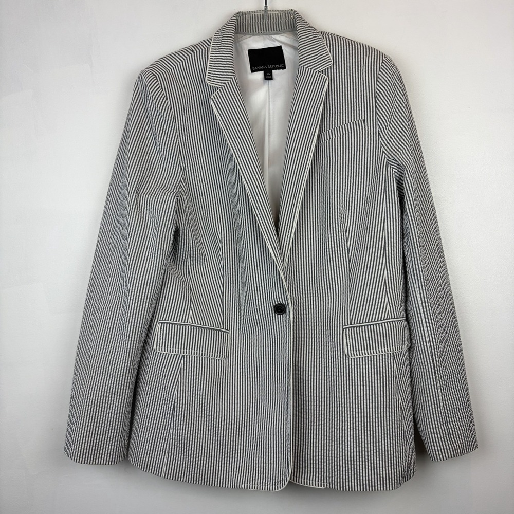 Banana Republic Striped Blazer Women 16 Blue White Jacket Nautical Coastal Beach